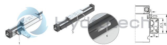 technical illustration-R039013001-Protection of the guideway and drive components by sealing strip (excluding MKK-165) Idler (non-drive) end enclosure: with integrated belt-tensioning system. The belt pulley system is equipped with ball bearings that have lifelong lubrication The Rexroth Ball Rail System features one-point lubrication from both sides; one-point lubrication is only suitable for grease lubrication with a manual grease gun Individual lubrication versions for connection to one-point lubrication systems (only for product generation 3) Attachments are fastened to the carriage using T-slots or threaded holes Ball Guide Rail with corrosion-resistant coating, Ball Runner Block made of corrosion-resistant steel (only for product generation 3) Absolute position measuring system IMS-A directly integrated into the guide system (for MKR-080 and MKR-110, product generation 3) With planetary gearbox with various gear ratios and versions for optimizing external load to motor inertia. Servo motor with multi-turn encoder, 1-cable or 2-cable connection, with or without holding brake Magnetic field sensors can be mounted without additional attachments directly onto the profile body (only for product generation&nbsp;3) Switch (proximity or mechanical), cable duct, socket-plug and extension cable Extensive accessories for connection and clamping elements and connecting shafts Nameplate with technical parameters for easy start-up
