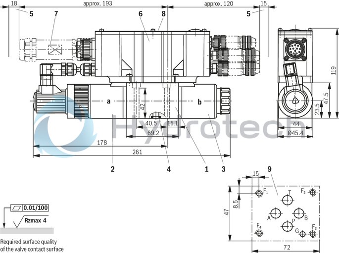 technical illustration-R901202350-Direct operated proportional directional valve with integrated digital control electronics for the pressure, force and flow control (Integrated Axis Controller IAC-P) Completely adjusted unit consisting of valve, pressure sensor(s) (optional), digital control electronics and field bus connection Operation by means of proportional solenoids with central thread and detachable coil Valve control spool, position-controlled Integrated pressure sensor plate (optional) For subplate mounting: Porting pattern according to ISO 4401 Analog interface for command and actual value Design for CAN bus with CANopen protocol DS 408 or Profibus-DP Quick commissioning via PC and WIN-PED 6 commissioning software