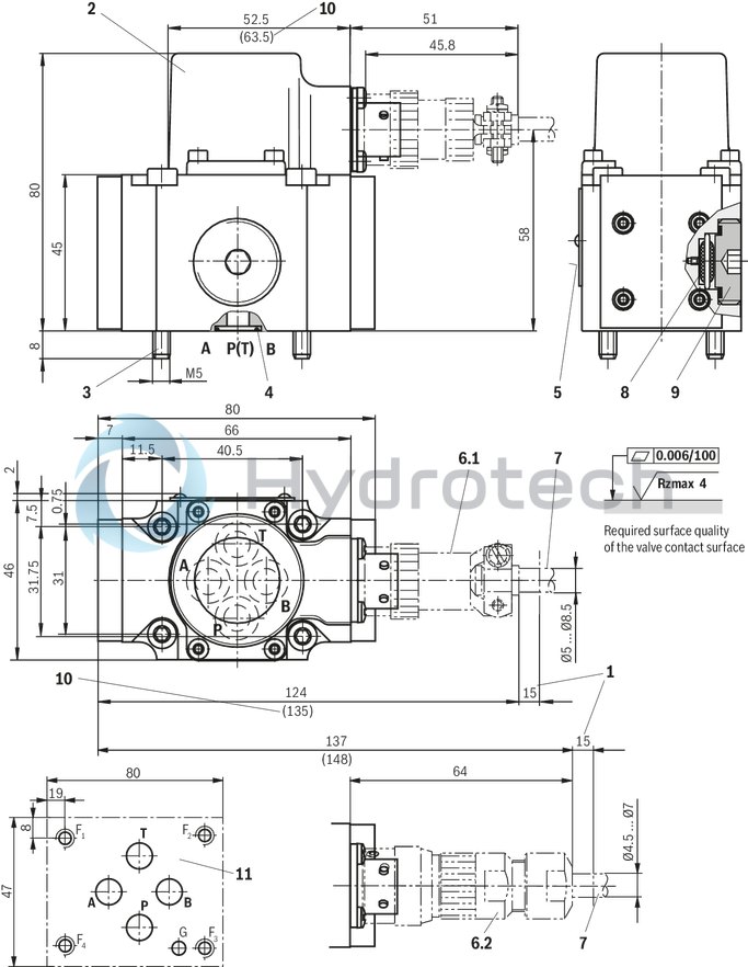 technical illustration-R900951450-Valve to control position, force, pressure or velocity 2-stage servo valve with mechanical feedback 1st stage nozzle/flapper plate amplifier For subplate mounting: Porting pattern according to ISO 4401 Dry control motor, no contamination of the solenoid gaps by the hydraulic fluid Can also be used as 3-way version Wear-free control spool return element Valve and integrated control electronics are adjusted and tested Pressure chambers at the control sleeve with gap seal, therefore no wear of the seal ring Filter for 1st stage freely accessible from the outside