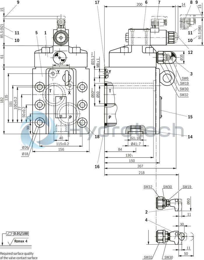 technical illustration-R901353650-For flange connection For subplate mounting 3 adjustment elements for pressure adjustment, optional:<br>
&bull; Sleeve with hexagon and protective cap<br>
&bull; Rotary knob<br>
&bull; Lockable rotary knob Solenoid-actuated unloading via a built-on directional valve Pilot oil return, internal or external Remote control port, optional Main spool insert optionally as seat spool or as sliding spool design