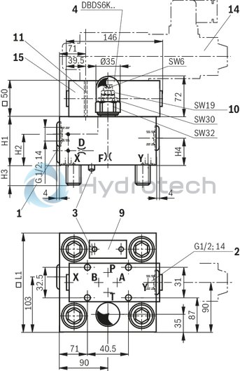 technical illustration-R900912801-Size 32, manual maximum pressure adjustment with electrically proportional pressure adjustment, with mounting surface ISO4401