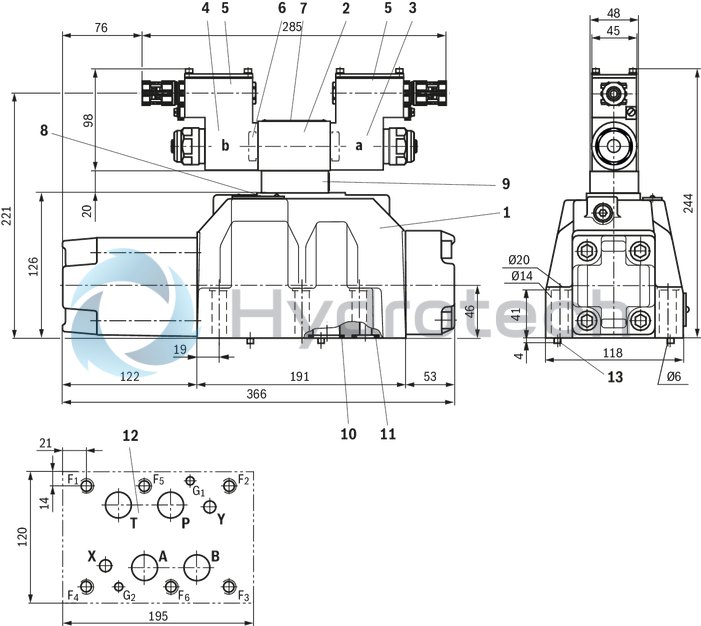technical illustration-R901234241-4/2 or 4/3 directional design For intended use in potentially explosive atmosphere For the control of flow direction and size For subplate mounting Porting pattern according to ISO&nbsp;4401 Spring-centered control spool Actuation by means of the pilot control valve (3-way pressure reducing valve) Solenoid coil is rotatable by 90&deg;
