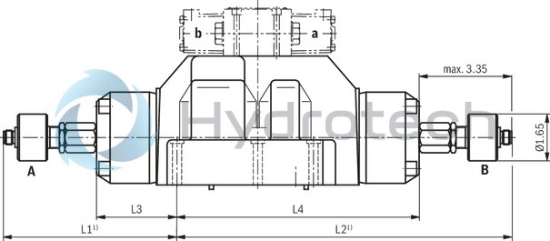 technical illustration-R901407515-Type of actuation: pneumatic-hydraulic For subplate mounting Porting pattern according to ISO&nbsp;4401 Subplates according to data sheets 45054 to 45060 (separate order) Spring centering, spring end position or hydraulic end position Optional auxiliary operating device Switching time adjustment, optional Preload valve in channel P of the main valve, optional Stroke setting at main spool, optional Stroke setting and/or end position control, optional Inductive position switch and proximity sensors (contactless)