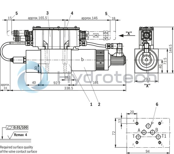 technical illustration-R901052465-3-way proportional directional valves with integrated digital control electronics IAC-P Completely adjusted unit consisting of position-controlled valve, pressure sensor and field bus connection Operation by means of proportional solenoids with central thread and detachable coil Valve control spool, position-controlled Integrated pressure sensor plate (optional) Porting pattern according to ISO&nbsp;4401 Analog interface for command and actual value Design for CAN bus with CANopen protocol DS 408 or Profibus-DP Quick commissioning via PC and commissioning software WIN-PED