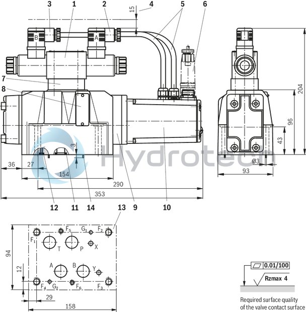 technical illustration-R900727476-Pilot-operated 2-stage proportional directional valves with electrical position feedback of the main control spool and integrated electronics (OBE) Control of flow direction and size Proportional solenoid operation For subplate mounting: Porting pattern according to ISO 4401 Electrical position feedback Spring-centered main control spool Pilot control valve: single-stage proportional directional valve Main stage with position control
