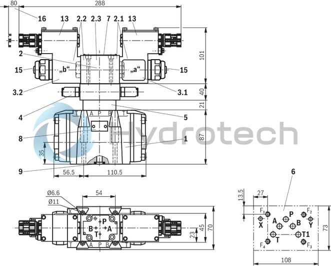 technical illustration-R901427470-For intended use in potentially explosive atmosphere For subplate mounting Porting pattern according to ISO&nbsp;4401 Spring centering, spring end position or hydraulic end position wet-pin DC or AC solenoids Solenoid coil is rotatable by 90&deg; Optional auxiliary operating device Electrical connection as individual connection with cable gland Switching time adjustment, optional Preload valve in channel P of the main valve, optional