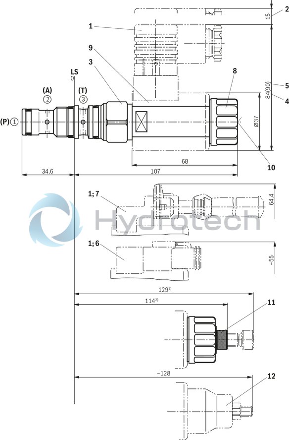 technical illustration-R901083205-3/2 directional poppet valve, direct operated with solenoid actuation