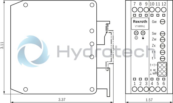 technical illustration-R901094751-Differential input for voltage Ramp generator with separately adjustable ramp times "up/down" Adjustable zero point and sensitivity Adjustable step level Cable break detection for actual value cable Reverse polarity protection for the operating voltage LED displays for ready for operation and enable