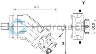 technical illustration-R902160930-Large variety of available nominal sizes allows exact adjustment to the application High power density Very high total efficiency High starting efficiency Working ports SAE flange or thread Optional with integrated pressure relief valve Optional with mounted addifitonal valve: counterbalance valve (BVD/BVE), flushing and boost-pressure valve Bent-axis design
