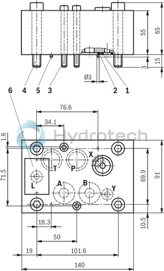 technical illustration-R901159344-Valve to control position, force, pressure or velocity 3-stage servo valve with electrical position control of the control spool of the 3rd stage, position sensing of the control spool by means of an inductive position transducer 2-stage pilot control valve of size 6 with high dynamics 1st stage nozzle/flapper plate amplifier Filter for 1st stage freely accessible and replaceable from the outside For subplate mounting: Porting pattern according to ISO 4401 Can also be used as 3-way version Valve and integrated control electronics are adjusted and tested Optimized valve control loop High response sensitivity, very low hysteresis and zero point drift Internal or external pilot oil supply and pilot oil return available Gap seals at pressure chambers of the control sleeve, no O-ring wear