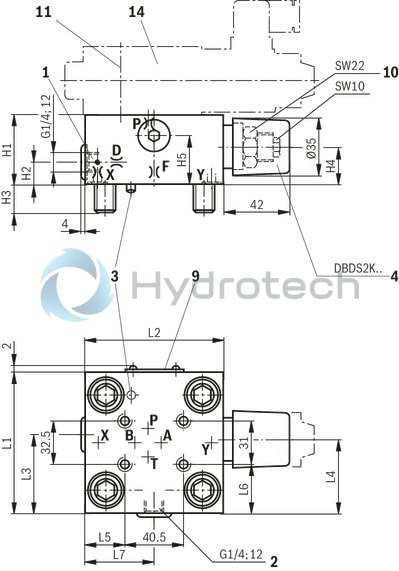 technical illustration-R900912801-Size 32, manual maximum pressure adjustment with electrically proportional pressure adjustment, with mounting surface ISO4401