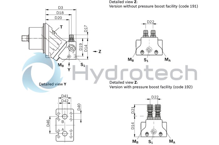 technical illustration-R902160744-Space-saving construction due to recessed mounting flange Easy to install, simply slide into the mechanical gearbox High power density Very high total efficiency High starting efficiency Optional with integrated pressure relief valve Optional with mounted addifitonal valve: counterbalance valve (BVD/BVE), flushing and boost-pressure valve Bent-axis design