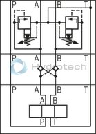 technical illustration-R900731949-Base element for ready-for-connection controls in vertical stacking design Compact hydraulic controls Common pump and tank line Separate actuator ports of the stations Measuring ports in the actuator lines Mounting of NG6 sandwich plates and valves Pressure relief valve type DBD in pressure line P Connection possibility of a pressure gauge in pressure line P
