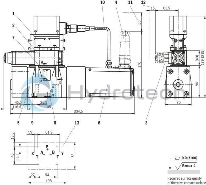 technical illustration-R901094683-Pilot-operated high-response directional valve, 2-stage, with electrical position feedback of the main control spool and integrated electronics (OBE) It is suitable for the position, pressure, force and velocity control when there are simultaneously high requirements on the dynamics in the small signal range and the response sensitivity Pilot control valve: single-stage servo valve according to nozzle/flapper plate principle Position sensing of the main control spool by means of an inductive position transducer High response sensitivity and low hysteresis Replaceable filter element Integrated control electronics, external zero point correction possible For subplate mounting: Porting pattern according to DIN 24340 form A and ISO 4401