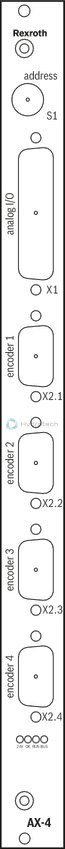 technical illustration-R901075738-The MAC8 is the digital Rexroth multi-axis NC control in modular design. It consists of a master card with no, 2 or 4 axis controllers and can be extended with up to seven slave cards for four axes each, if necessary. It is thus the perfect solution for complex control tasks with up to 32 interpolatable axes. Using local Ethernet, more MAC8 can be connected. The MAC8 communicates with the superior PLC machine control via field bus (PROFIBUS DP or CAN) or via Ethernet. It has special hydraulic control characteristics and is able to control the movements of the machine or machine parts in a completely automatic manner and can thus also accept PLC tasks. Sensors and actuators can also be analyzed and/or activated via CAN bus.