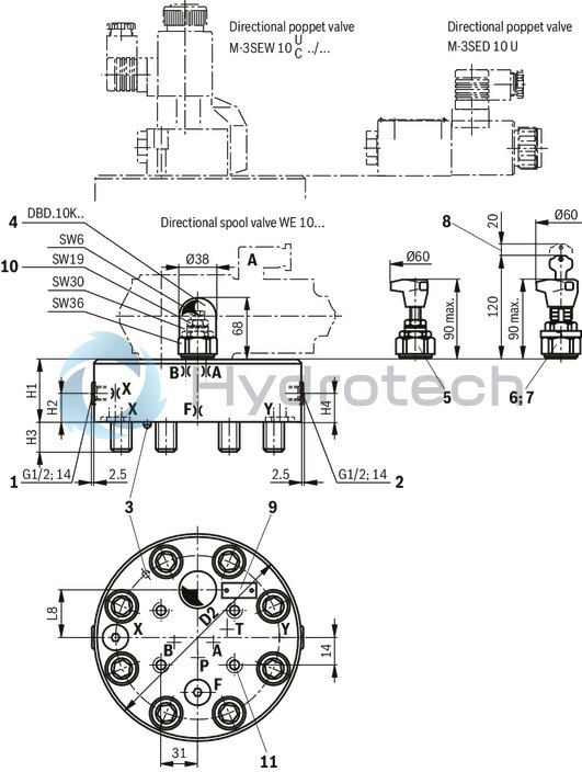 technical illustration-R900912804-Size 16, manual maximum pressure adjustment that can be switched off, with installation surface ISO4401
