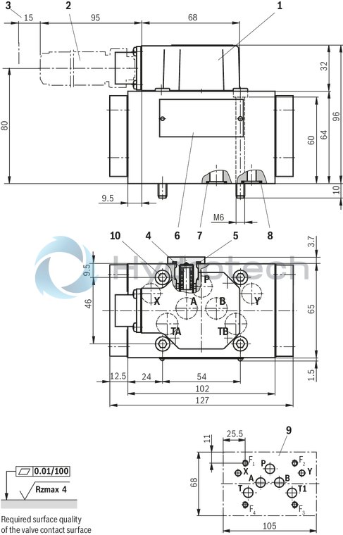 technical illustration-R901016900-Valve to control position, force, pressure or velocity 2-stage servo valve with mechanical or mechanical and electrical feedback 1st stage nozzle/flapper plate amplifier For subplate mounting: Porting pattern according to ISO 4401 Dry control motor, no contamination of the solenoid gaps by the hydraulic fluid Can also be used as 3-way version Wear-free control spool return element Control external or with integrated electronics (OBE) Valve and integrated control electronics are adjusted and tested Control spool with flow force compensation Control sleeve centrically fixed, thus low susceptibility to temperature and pressure Pressure chambers at the control sleeve with gap seal, therefore no wear of the seal ring Filter for 1st stage freely accessible from the outside