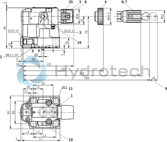 technical illustration-R978863482-For subplate mounting Porting pattern according to ISO&nbsp;6264-06-09 (NG10), ISO&nbsp;6264-08-13 (NG25) and ISO&nbsp;6264-10-17 (NG32) For threaded connection As screw-in cartridge valve (cartridge) 4 adjustment types for pressure adjustment, optionally<br>
• Rotary knob<br>
• Sleeve with hexagon and protective cap<br>
• Lockable rotary knob with scale<br>
• Rotary knob with scale 5 pressure ratings Corrosion-protected design
