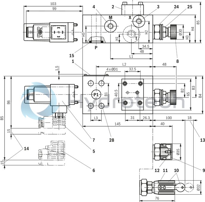 technical illustration-R901078090-Zero-pressure start-up and circulation of the pump Intended for direct mounting onto the SAE pressure port of the pump Low circulation pressure due to short distance Low compression volume for soft switching to depressurized circulation Quick pressure build-up 4 adjustment types for pressure adjustment, optionally<br>
&bull; Rotary knob<br>
&bull; Sleeve with hexagon and protective cap<br>
&bull; Lockable rotary knob with scale<br>
&bull; Rotary knob with scale 5 pressure ratings, optional Low noise level due to direct flange mounting at the pump