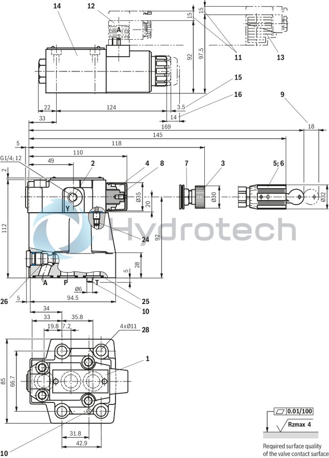 technical illustration-R900941546-For subplate mounting As cartridge valve 4 adjustment types, optionally:<br>
&bull; Rotary knob<br>
&bull; Adjustment spindle with protective cap<br>
&bull; Lockable rotary knob with scale<br>
&bull; Rotary knob with scale 4&nbsp;pressure ratings Solenoid-operated unloading via built-on directional spool valve