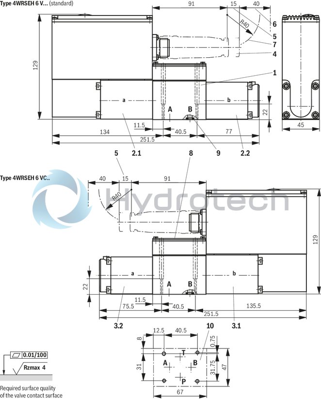 technical illustration-R901103271-Direct operated high-response directional valve with integrated control electronics (OBE) for the control of flow direction and size Suitable for position, velocity and pressure control purposes Operation by means of control solenoids Electrical position feedback High response sensitivity and low hysteresis Integrated electronics (OBE) For subplate mounting: Porting pattern according to DIN 24340 form A and ISO 4401 With Fail-safe position for 4/4-directional control valve
