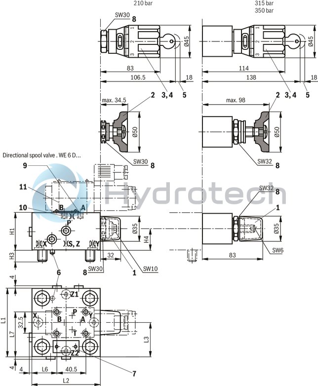 technical illustration-R901318922-Size 50, manual pressure adjustment for sequencing pressure that can be switched off, with installation surface ISO4401