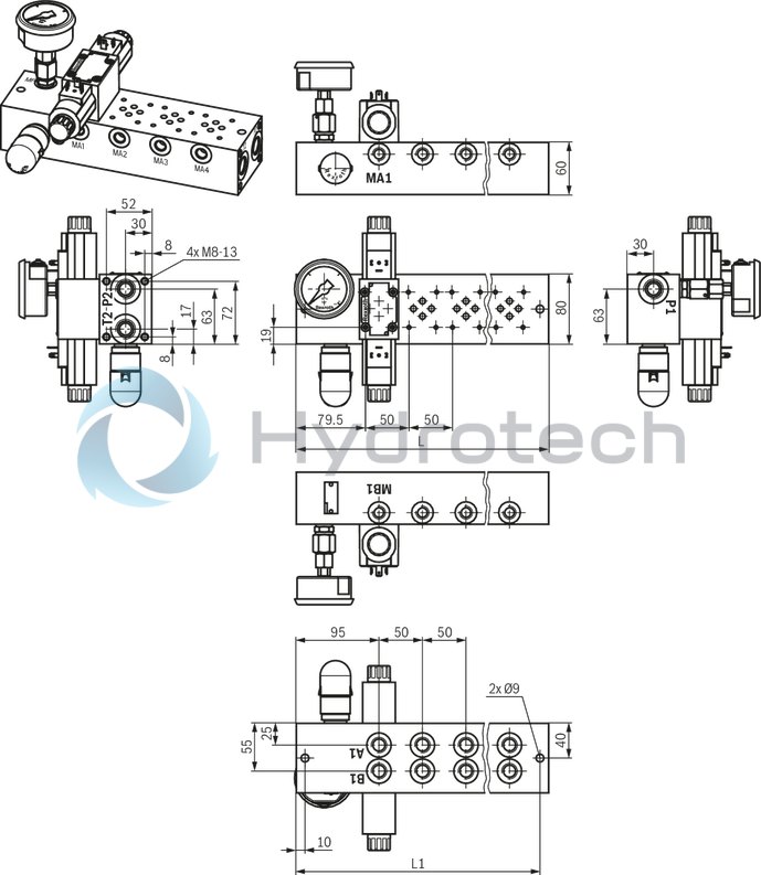 technical illustration-R900731949-Base element for ready-for-connection controls in vertical stacking design Compact hydraulic controls Common pump and tank line Separate actuator ports of the stations Measuring ports in the actuator lines Mounting of NG6 sandwich plates and valves Pressure relief valve type DBD in pressure line P Connection possibility of a pressure gauge in pressure line P