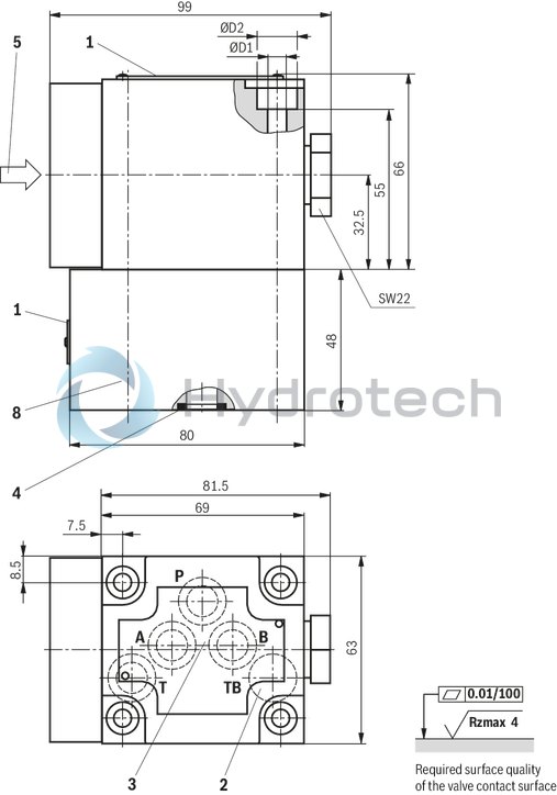 technical illustration-R901364152-Direct operated directional seat valve with mechanical actuation Porting pattern according to DIN24340, form A (without locating hole) Safe switching also with longer standstill periods under pressure Operating methods: mechanical (roller plunger) Inductive position switch (contactless), optional