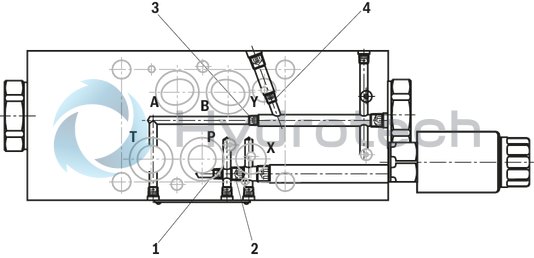 technical illustration-R901325334-Sandwich plate valve Electro-hydraulic actuation Porting pattern according to ISO&nbsp;4401-05-05-0-05 (NG10) and ISO&nbsp;4401-07-07-0-05 (NG16) Wet-pin DC solenoid Pilot oil supply, internal or external, optional Different combinations of the locking and pass-through functions With manual override, optional Electrical connection as individual connection