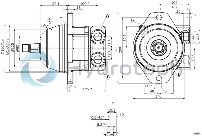 technical illustration-R902504985-Space-saving construction due to recessed mounting flange Approved for high speeds Long service life High power density Low operating noise Optional with integrated anti-cavitation valve, e.g. for fan drives Optional with speed sensor Swashplate design