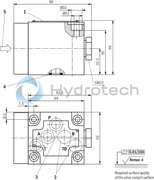 technical illustration-R901364152-Direct operated directional seat valve with mechanical actuation Porting pattern according to DIN24340, form A (without locating hole) Safe switching also with longer standstill periods under pressure Operating methods: mechanical (roller plunger) Inductive position switch (contactless), optional