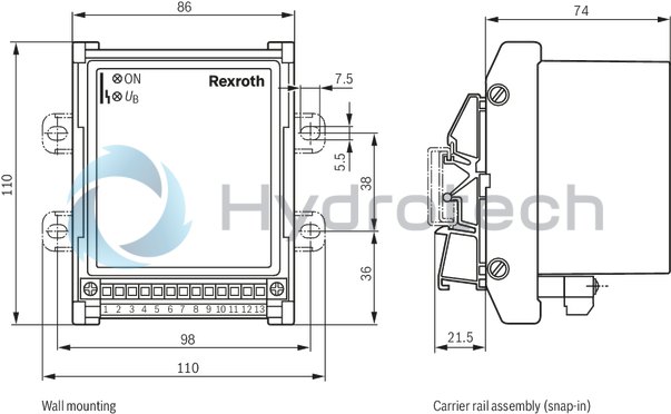 technical illustration-0811405139-suitable for controlling valves with installed electronics for position and velocity control Design: Module for snapping onto carrier rails Enable input Cable break detection for actual value cable Short-circuit-proof interfaces Test points on front plate Compensation jump can be switched off Position: PT1 control Velocity control possible in connection with tachometer (speed indicator): PI control Area adjustment cylinder