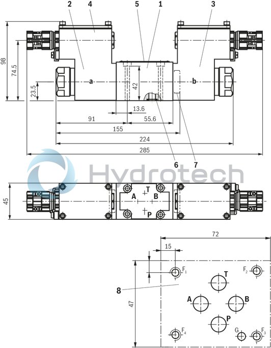 technical illustration-R901097419-4/2 and 4/3-way version For intended use in potentially explosive atmosphere Sea water-resistant Spring-centered control spool For subplate mounting Porting pattern according to ISO&nbsp;4401-03-02-0-05 (but without locating hole) Wet-pin DC solenoids Solenoid coil is rotatable by 90&deg; Electrical connection as individual connection with cable gland