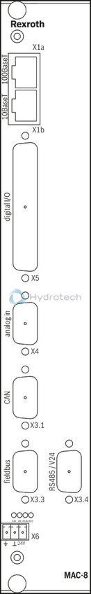 technical illustration-R901075738-The MAC8 is the digital Rexroth multi-axis NC control in modular design. It consists of a master card with no, 2 or 4 axis controllers and can be extended with up to seven slave cards for four axes each, if necessary. It is thus the perfect solution for complex control tasks with up to 32 interpolatable axes. Using local Ethernet, more MAC8 can be connected. The MAC8 communicates with the superior PLC machine control via field bus (PROFIBUS DP or CAN) or via Ethernet. It has special hydraulic control characteristics and is able to control the movements of the machine or machine parts in a completely automatic manner and can thus also accept PLC tasks. Sensors and actuators can also be analyzed and/or activated via CAN bus.