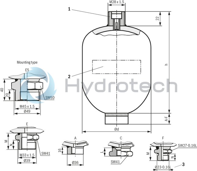 technical illustration-0531610632-Hydraulic accumulator as per Pressure Equipment Directive 97/23/EC Diaphragm material for different applications
