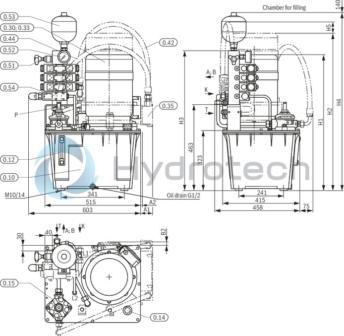 technical illustration-R919101941-Stable aluminum tank Modular design Compact power unit design Individual adaptation possible Versatile possible applications Additional options possible Clear, maintenance-friendly arrangement
