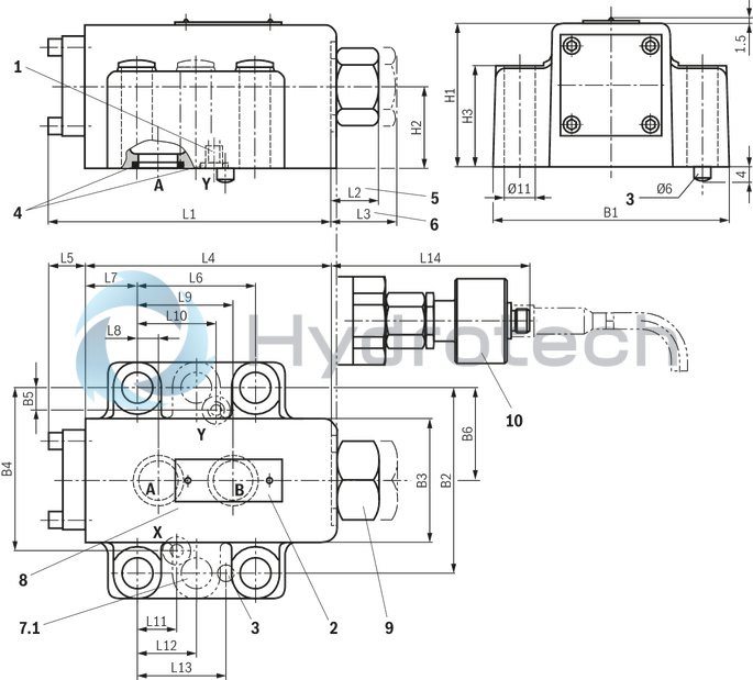 technical illustration-R900457388-For subplate mounting Porting pattern according to ISO&nbsp;5781-06-07-0-00 (NG10), ISO&nbsp;5781-08-10-0-00 (NG20), ISO&nbsp;5781-10-13-0-00 (NG32) For threaded connection For the leakage-free blocking of one actuator port Attachment possibility for directional spool valve or directional seat valve, optional Pilot oil return, external Version with pre-opening for dampened release, optional Various cracking pressures, optional Check valve installation sets available individually Corrosion-protected design
