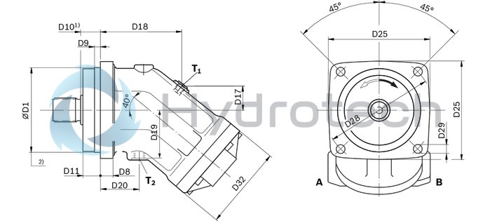 technical illustration-R902160930-Large variety of available nominal sizes allows exact adjustment to the application High power density Very high total efficiency High starting efficiency Working ports SAE flange or thread Optional with integrated pressure relief valve Optional with mounted addifitonal valve: counterbalance valve (BVD/BVE), flushing and boost-pressure valve Bent-axis design
