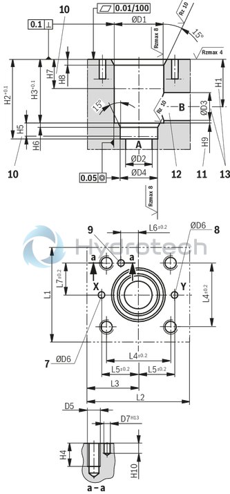 technical illustration-R901276354-Pilot-operated 2-way proportional throttle valve in block installation technology Installation dimensions according to DIN ISO 7368 Orifice spool electrically position-controlled Flow in both directions In case of power failure, cable break or disconnection of enable, the orifice spool will automatically move into seat position and block the flow in both directions Can be used for pressure-compensated closed-loop flow control in conjunction with a pressure compensator Completely adjusted unit with integrated electronics (OBE), optionally available with voltage or current interface