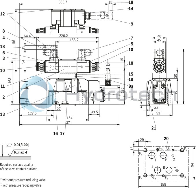 technical illustration-R901155719-Pilot-operated, 2-stage proportional directional valves with integrated electronics (OBE) Switching position indicator In connection with a contact shut-off, the valve complies with the requirements for safety-related components of a control according to category 4, EN ISO 13849-1:2006 Suitable for use in safety-related parts of controls according to category 4, EN ISO 13849-1:2006 Control of the direction and magnitude of a flow Operation by means of proportional solenoids with central thread and detachable coil For subplate mounting: Porting pattern according to ISO 4401 Optional auxiliary operating device Spring-centered control spool