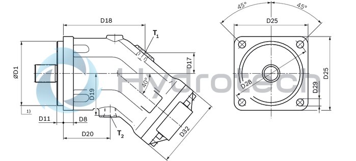 technical illustration-R902160046-Large variety of available nominal sizes allows exact adjustment to the application High power density Very high total efficiency High starting efficiency Working ports SAE flange or thread Optional with integrated pressure relief valve Optional with mounted addifitonal valve: counterbalance valve (BVD/BVE), flushing and boost-pressure valve Bent-axis design