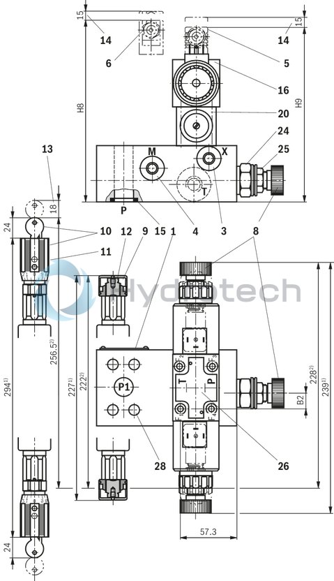 technical illustration-R901411097-Zero-pressure start-up and circulation of the pump Intended for direct mounting onto the SAE pressure port of the pump Low circulation pressure due to short distance Low compression volume for soft switching to depressurized circulation Quick pressure build-up 4 adjustment types for pressure adjustment, optionally<br>
&bull; Rotary knob<br>
&bull; Sleeve with hexagon and protective cap<br>
&bull; Lockable rotary knob with scale<br>
&bull; Rotary knob with scale 5 pressure ratings, optional Low noise level due to direct flange mounting at the pump