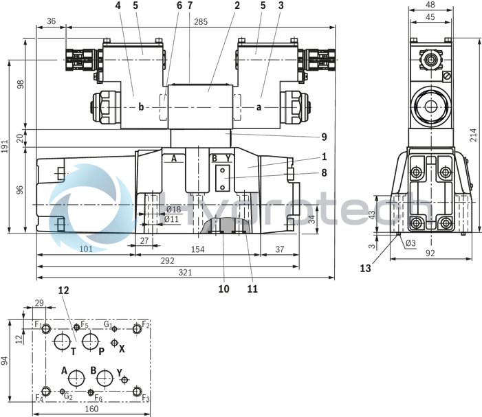 technical illustration-R901234241-4/2 or 4/3 directional design For intended use in potentially explosive atmosphere For the control of flow direction and size For subplate mounting Porting pattern according to ISO&nbsp;4401 Spring-centered control spool Actuation by means of the pilot control valve (3-way pressure reducing valve) Solenoid coil is rotatable by 90&deg;