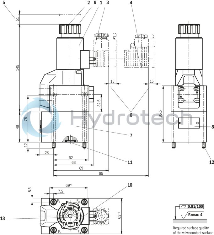 technical illustration-R900059158-Direct operated directional seat valve with solenoid actuation Porting pattern according to ISO&nbsp;4401-05-04-0-05 Blocked port is leak-free closed Reliable switching when under pressure over longer periods of standstill Air-gap DC solenoids with detachable coil (AC voltage possible by means of a rectifier) Solenoid coil is rotatable by 90&deg; Electrical connection as individual connection With concealed manual override, optional Inductive position switch (contactless), optional