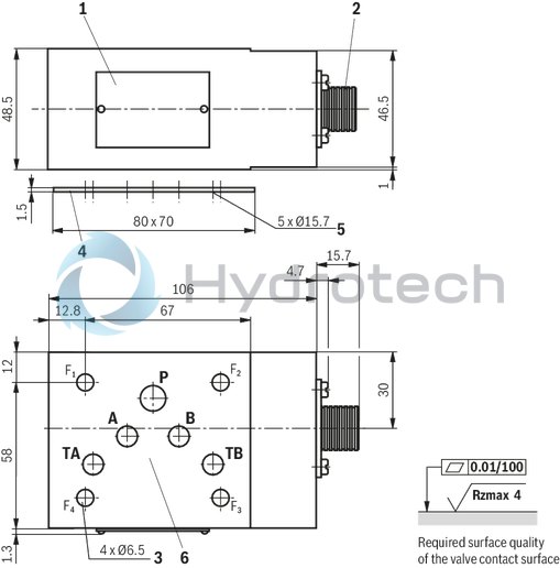 technical illustration-R901162976-Sandwich plate valve Porting pattern according to ISO&nbsp;4401-05-04-0-05 For limiting the main or pilot flow of two consumer ports Adjustment type: Spindle with internal hexagon and scale