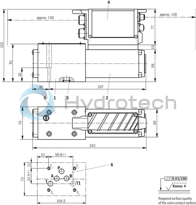 technical illustration-R901259464-Direct operated high-response valves with control spool and sleeve in servo quality Operated on one side, 4/4 fail-safe position in switched-off condition Integrated digital axis control functionality (IAC-R) for:<br>
- Position control with underlying velocity control<br>
- DSC functionality Analog and digital interfaces for command and actual values<br>
- 4 x analog sensors (+/-10 V or 4 ... 20 mA) or<br>
- 1 x length measurement system (1 Vpp or SSI) and 2 analog sensors Command value presetting/actual value response analog (current or voltage) via field bus Analog/digital inputs/outputs, configurable Fieldbus connection<br>
- CAN bus with CANopen protocol DS408<br>
- Profibus-DP Vo/V1 Quick start-up via PC and commissioning software