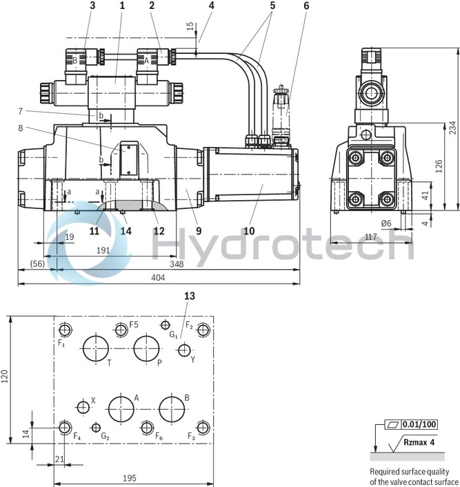 technical illustration-R900727476-Pilot-operated 2-stage proportional directional valves with electrical position feedback of the main control spool and integrated electronics (OBE) Control of flow direction and size Proportional solenoid operation For subplate mounting: Porting pattern according to ISO 4401 Electrical position feedback Spring-centered main control spool Pilot control valve: single-stage proportional directional valve Main stage with position control
