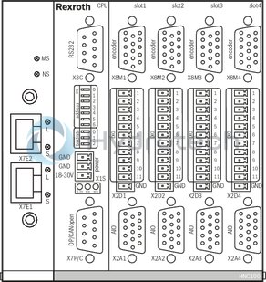 technical illustration-R901134616-For controlling 1 to 4 axes NC programming WinPed 7 operating software<br>
Not released for Windows 10! CE conformity according to EMC directive 2004/108/EC Freely configurable controller variants<br>
- Position control<br>
- Force control<br>
- Pressure control<br>
- Alternating position/pressure or position/force controls<br>
- Velocity control<br>
- Path-dependent decelerating<br>
- Synchronism (master/slave or mean principle) Bus connection (Sercos, PROFINET RT, EtherNet/IP) Actual value detection<br>
- Positional transducer: Incremental<br>
- Positional transducer: Absolute (SSI)<br>
‑ Analog 0 to &plusmn;10 V and 0 (4) to 20 mA Actuating variable output: voltage or current Service interface: RS232, optional TCP/IP