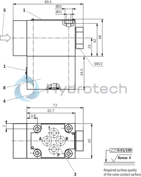 technical illustration-R901364152-Direct operated directional seat valve with mechanical actuation Porting pattern according to DIN24340, form A (without locating hole) Safe switching also with longer standstill periods under pressure Operating methods: mechanical (roller plunger) Inductive position switch (contactless), optional
