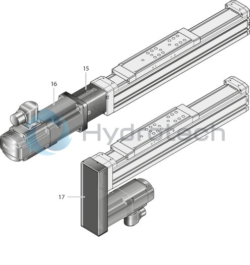 technical illustration-R117300761-The Rexroth Ball Rail System and the Rexroth precision Ball Screw Assembly feature one-point lubrication from both sides; one-point lubrication is only suitable for grease lubrication with a manual grease gun Individual lubrication versions for connection to one-point lubrication systems (only for product generation 3) Rexroth precision ball screw assembly in rolled design with backlash-free, cylindrical single nut, tolerance grade 7, and leads of up to 40 mm Attachments are fastened to the carriage using T-slots or threaded holes Ball Guide Rail and Ball Screw with corrosion-resistant coating, Ball Runner Block made of corrosion-resistant steel (only for product generation 3) Absolute position measuring system IMS-A directly integrated into the guide system (for MKK-080 and MKK-110, product generation 3) Motor attachment via mount and coupling or via timing belt side drive Servo motor with multi-turn encoder, 1-cable or 2-cable connection, with or without holding brake Magnetic field sensors can be mounted without additional attachments directly onto the profile body (only for product generation&nbsp;3) Switch (proximity or mechanical), cable duct, socket-plug and extension cable Extensive accessories for connection and clamping elements Nameplate with technical parameters for easy start-up